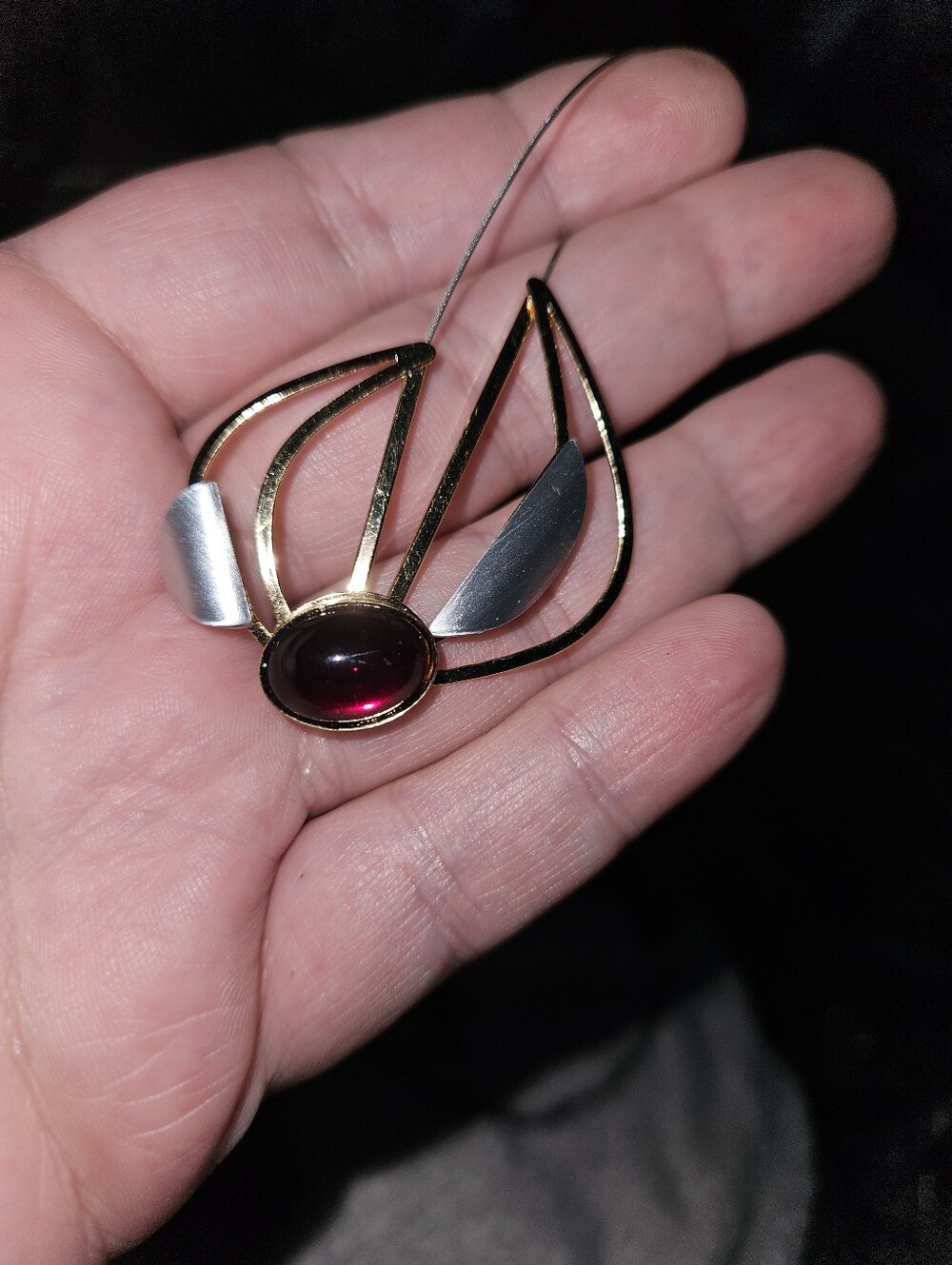 Vintage Christophe Poly Mixed Metal Architectural Wire Necklace Red Acrylic